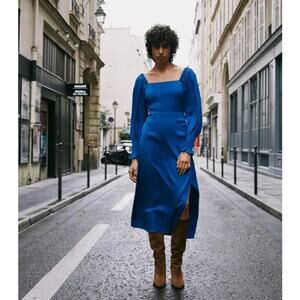 FRNCH Square Neck Puff Sleeve Lace-Up Midi Dress in Electric Blue, Size Small